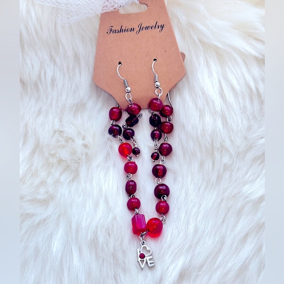 4-Tier Red Amber Gems, 925s Dangle Earring+Bracelet w/Sweet Ruby L♥️VE CHARM Set - Picture 1 of 16